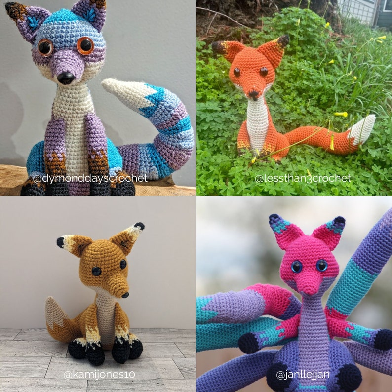 May include: A collection of four crocheted fox figures in various colors and poses. One fox is blue, purple, and white, another is orange, and a third is tan. The fourth fox is pink, purple, and teal. Each fox has large eyes.