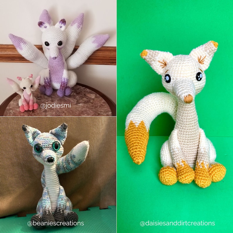May include: A collection of handmade crochet fox plushies in various colors and sizes. One fox has multiple tails with purple tips, another is white with a yellow tail, and a third is blue and gray. Each plushie has large, expressive eyes.