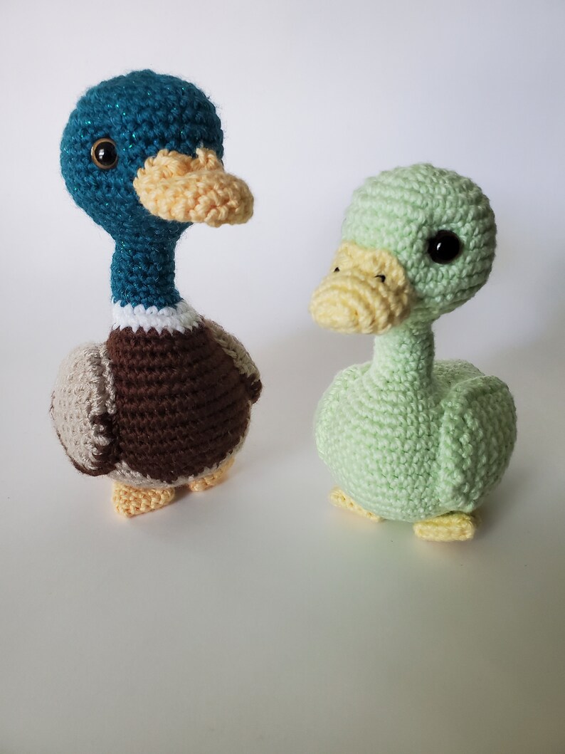 May include: Two crocheted duck plushies. One duck is teal blue with brown and beige accents. The other duck is light green with yellow accents.