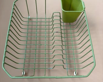 Vintage Avocado Green Coated Wire Dish Drying Drainer Rack & Cup
