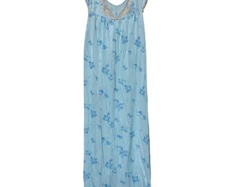 Vintage Sears Light Blue Floral Lace Trim Maxi Nightgown Nylon USA S 32.5-34