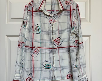 Bleyle Vintage 80s Geometric Grid Abstract Button Down Blouse White Red 12 READ
