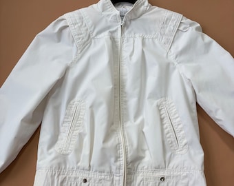Vintage 80s Current Seen White Bomber Jacket Women Medium Pleated Shoulder Zip
