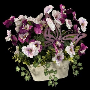 Arrangement or  Hanging Whitewashed Oval Window Box With Purple and White Silk Pansies, Greenery and a Purple Metal Butterfly