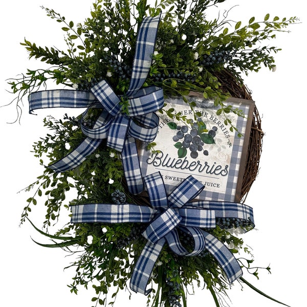 Handmade Blueberry Blueberries Grapevine Wreath Blueberry Sign Two Blue and White Plaid Ribbon Bows