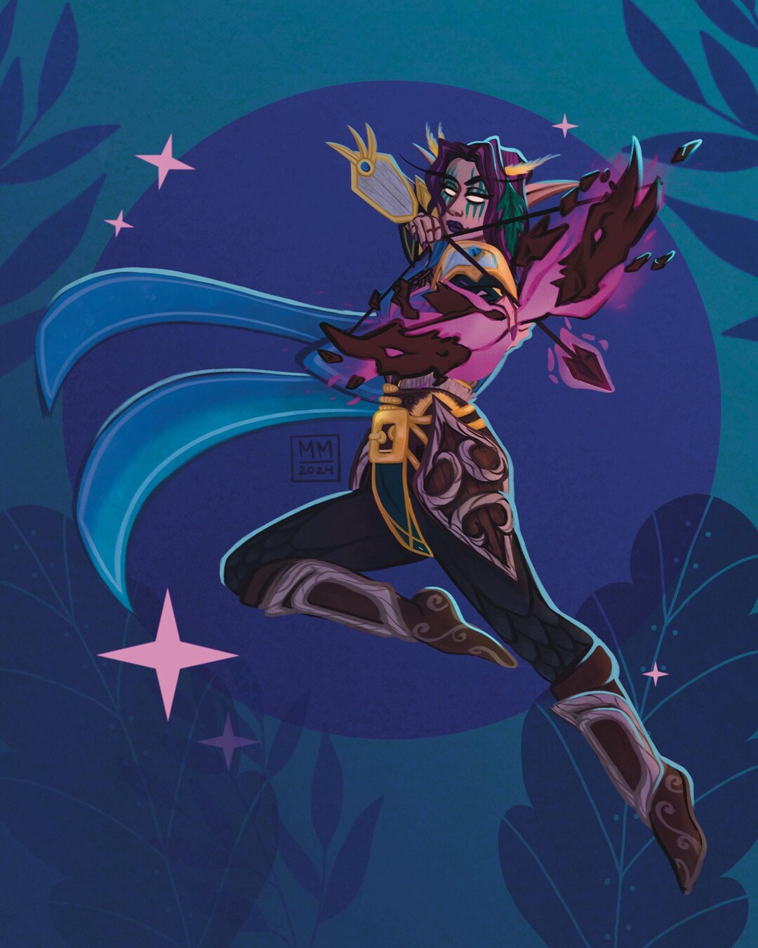 Fantasy Elf Ranger Art World of Warcraft Inspired Drawing of Helenax