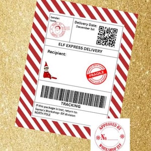 Peut inclure: Une étiquette de livraison Elf Express festive avec des rayures diagonales rouges et blanches. L'étiquette comprend un tampon du Père Noël, un code-barres et le texte "Elf Express Delivery". Elle comporte également un tampon "Fragile" et un tampon "Approuvé par l'elfe de l'atelier".