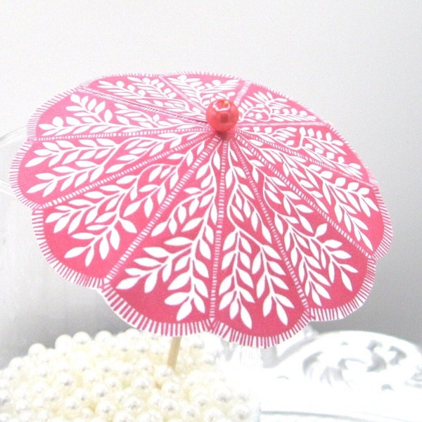 10 or 20 Pink and white leaves fringed look cocktail umbrellas drink umbrella Cocktail custom cocktail cupcake umbrella reception accessory