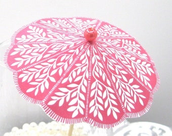 10 or 20 Pink and white leaves fringed look cocktail umbrellas drink umbrella Cocktail custom cocktail cupcake umbrella reception accessory