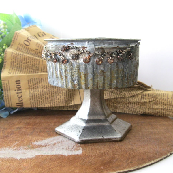 Industrial style shabby chic rusted tin mini table candle cupcake stand muffin rustic table decor handmade rusted aged glass vintage bling