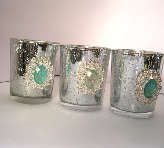 3 Seafoam Opal And Silver Mercury Votive Holders Jeweled Mint Etsy