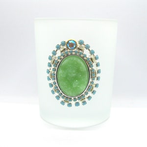 3 jeweled frosted white green druzy & turquoise candle holders Silver fancy jeweled votives larger votive rhinestone bling Table decor party
