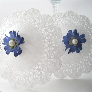 20 white Cocktail umbrellas with blue flowers doily embossed Cocktail blue flower cocktail umbrellas wedding reception wine decor accessory