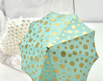 10 or 20 aqua and gold dots cocktail umbrellas handmade paper Simply fancy budget custom cocktail umbrellas wedding reception handmade paper