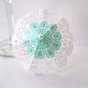 20 white & turquoise Cocktail umbrellas white doily w/blue lace design drink umbrellas party table decor wedding reception decor accessories