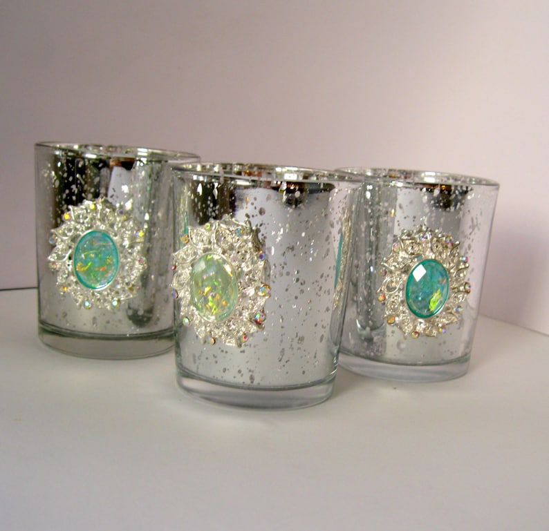 3 Seafoam Opal and Silver Mercury Votive Holders Jeweled Mint Etsy