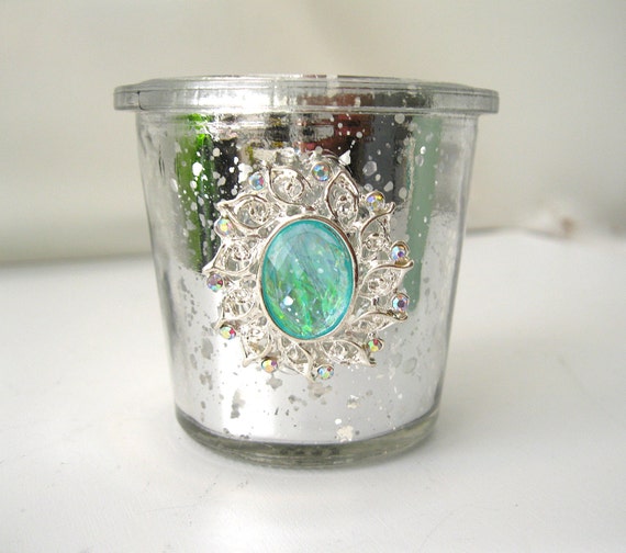 5 Mercury Glass And Mint Opal Jeweled Votive Candle Holder Etsy