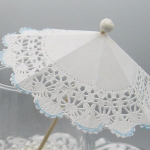 10 White doily Cocktail umbrellas baby blue edged drink parasol umbrellas cocktail umbrella wedding reception table decor bar accessory