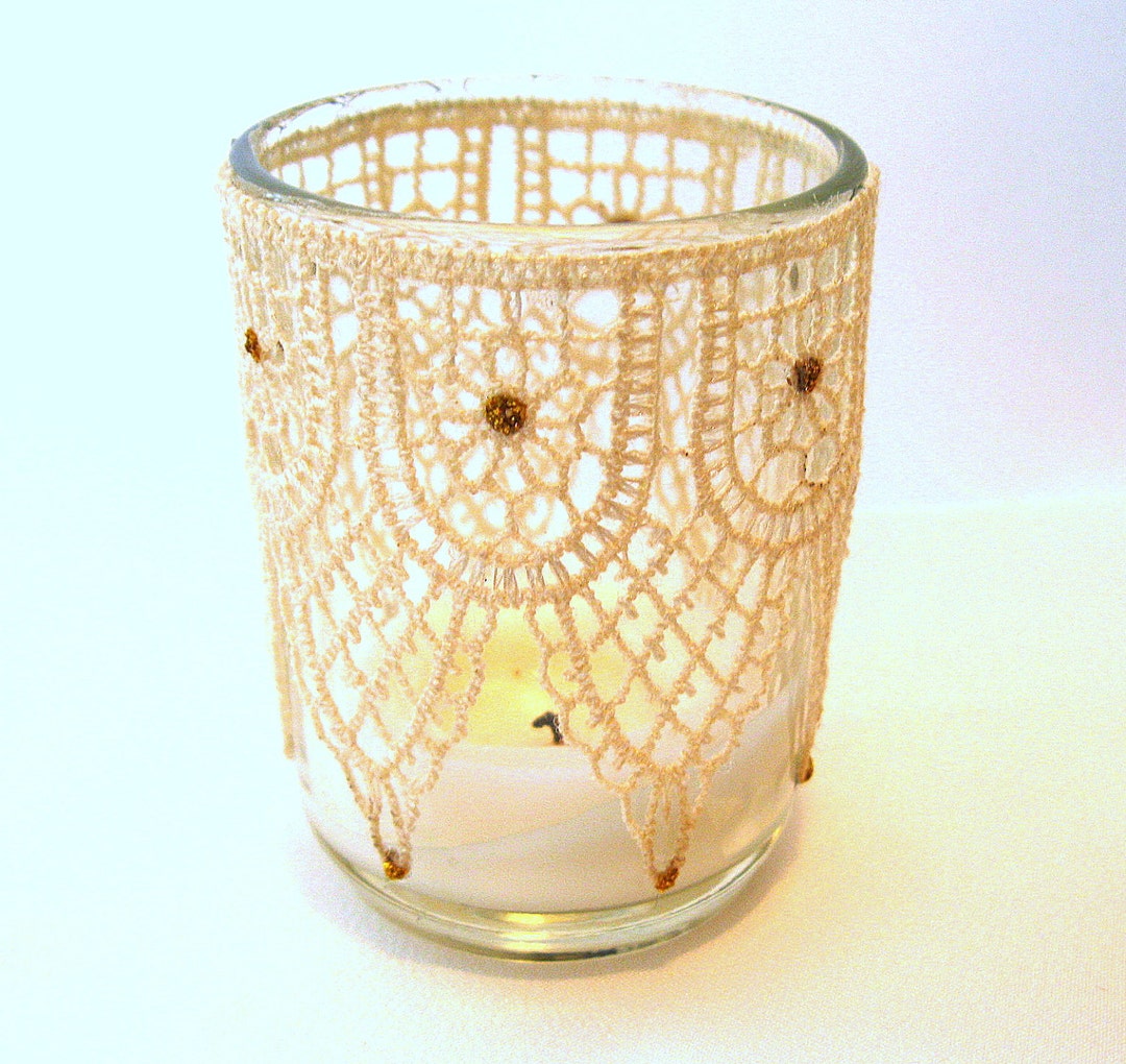 3 Ivory Lace Votive Candle Holders 3 Glass Votive Holder Taupe Lace ...