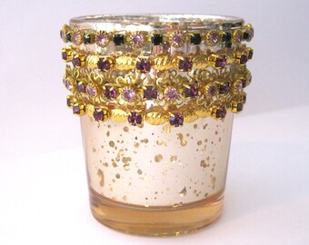 3 purple and gold mercury glass jeweled Votive Holders rhinestone gold jeweled Candle Holders bling Wedding reception table wedding decor