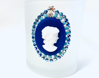 3 jeweled white votive holders blue & turquoise cameo votive candle cup fancy jeweled larger votive rhinestone bling Table party decor gifts
