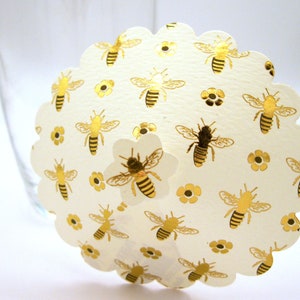 10 or 20 Gold Bees Ivory handmade paper cocktail umbrellas Cocktail umbrellas Cocktail custom cocktail umbrellas wedding reception accessory
