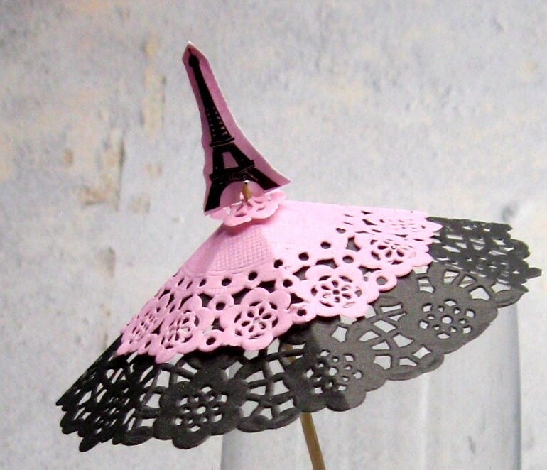 10 Eiffel tower black & pink doily Cocktail umbrellas drink parasols…