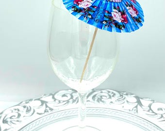 10 or 20 roses and blue vintage pattern cocktail umbrellas drink umbrella Cocktail custom cocktail cupcake umbrella reception accessory blue