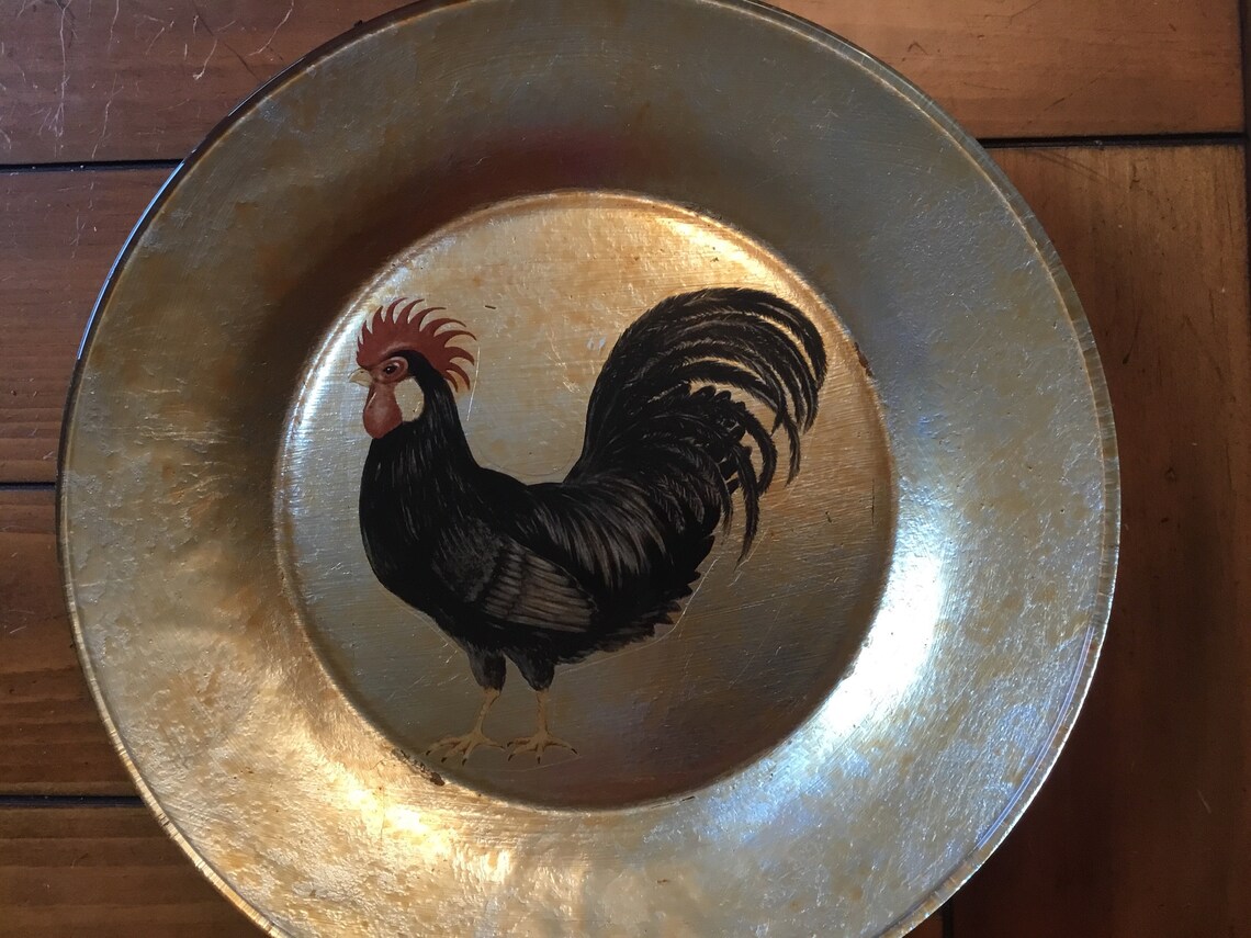 The Black Rooster Plate Gilded Antiqued and Decoupaged Etsy