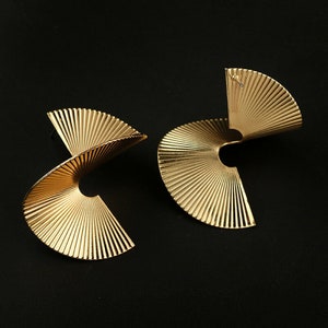 Fan Shape Earrings, Designer Style Large Statement, Gold Tone with 3-Dimensional Twist, Post Back, SALE PRICE!