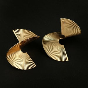 Fan Shape Earrings, Designer Style Statement, Gold Tone with 3-Dimensional Twist, Post Back, SALE PRICE!