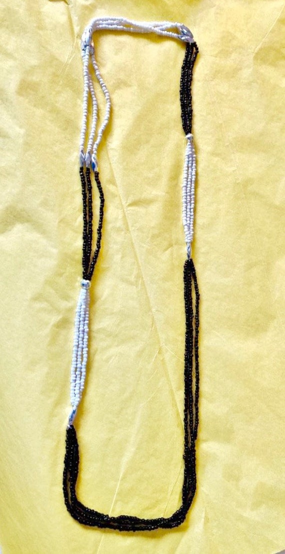 Seed Bead Necklace, Black and White with Silver, Long… Gem