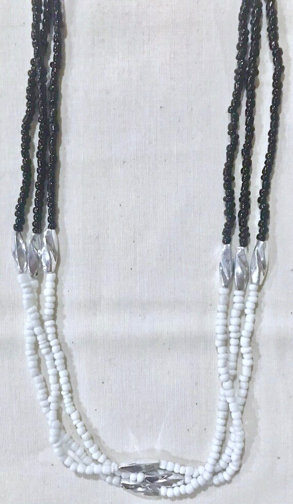 Seed Bead Necklace, Black and White with Silver, Long… Gem