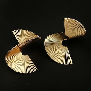 Fan Shape Earrings, Designer Style Statement, Bright Gold Tone with 3-Dimensional Twist, Post Back, Shine and Flash! SALE PRICE!