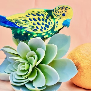 May include: A decorative arrangement featuring a yellow, blue, and green parakeet figurine atop a light green succulent. An orange fruit sits to the right. The background is a solid peach color.