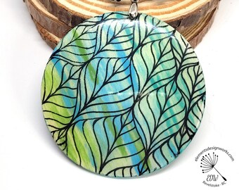 Pendant Necklace - XL - Double-Sided - Zentangle Leaf and Manadala - Teal-Green-Blue