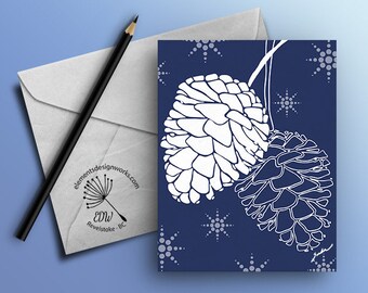 Greeting Card - White Pinecones - Navy