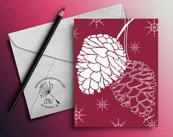 Greeting Card - White Pinecones - Burgundy