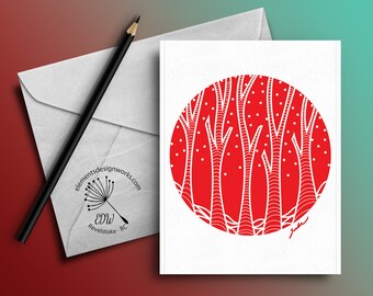 Greeting Card - Circle Series: Trees & Snow - Red