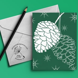Greeting Card - White Pinecones - Green