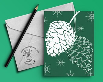Greeting Card - White Pinecones - Green
