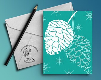 Greeting Card - White Pinecones - Teal