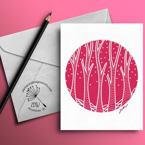 Carte de vœux - Série Cercle : Arbres et neige - Rose