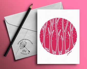 Greeting Card - Circle Series: Trees & Snow - Pink