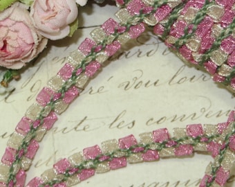 2y ROSE PINK ROCOCO Rosette Tab Trim 1/2" French Doll Dress Ribbon Dollhouse Vintage antique Schiffli Venise Lace Tape Mokuba Ribbonwork hat