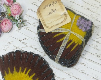 1 Bundle 12 pc Art Deco BEADED MILLINERY FAN Applique Patch tags: Flapper Cloche Hat Dress German Millinery Seed Beads Antique Applique Lace