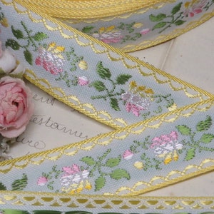 1y FRENCH YELLOW JACQUARD Ribbon Woven Floral Flower Trim Vintage Pink White Wedding Antique Bow Hat Rococo Metal Thread Cocarde Rosette
