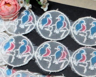 6pc 1950 LOVE BIRD APPLIQUE Embroidered Lace tag: Machine Embroidery pink Lace Schiffli Venise French Ribbon Ribbonwork Dollhouse Doll Dress