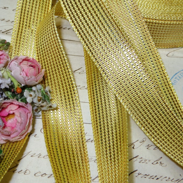 1y FRENCH METALLIC YELLOW  1" Gold Ribbon Trim Plaid Gingham Check French Metal Thread Lurex Ribbonwork Antique Vintage Jacquard Lace Mesh