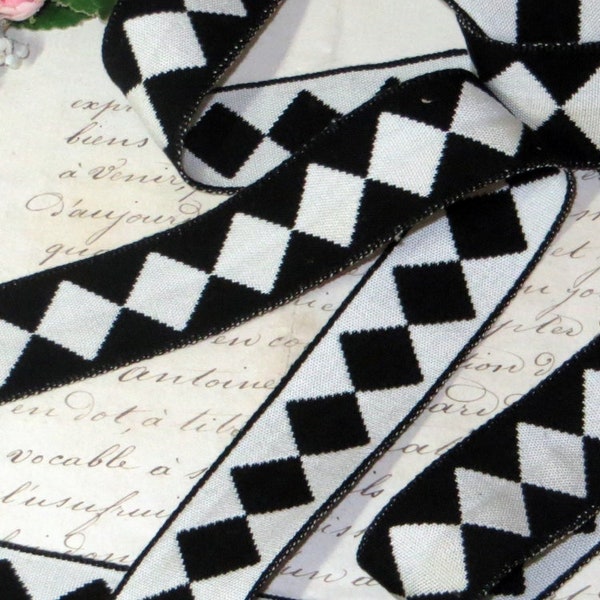 1y FRENCH BLACK WHITE 1" Diamond Harlequin Ribbon Cotton Rayon Reversible Pattern Grosgrain Petersham Hat Art Deco Trim cocarde Jacquard